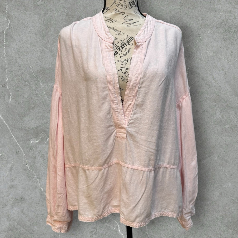 We The Free Pink Linen Blend Tunic Top Size Medium Long Sleeve